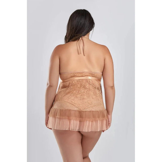 Amber Halter Lace Babydoll with Pleated Mesh Skirt Hem & G-String