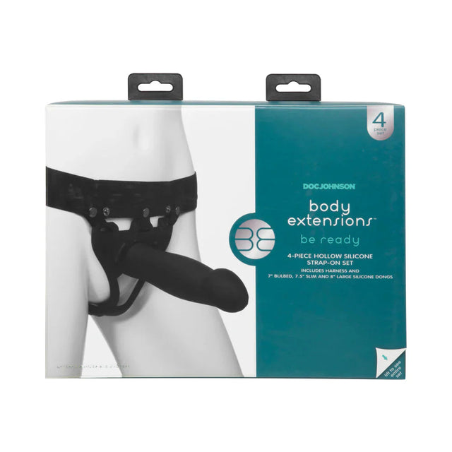 Body Extensions Be Ready 4 Piece Hollow Silicone Strap On Set - Black