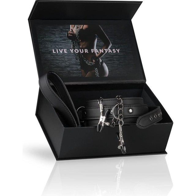 Faux Leather Lead & Nipple Clamps Collar Restraint Set