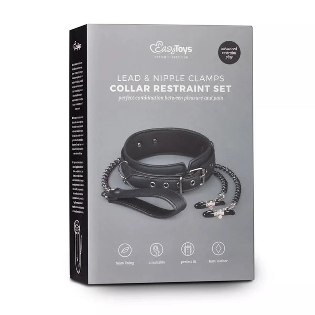 Faux Leather Lead & Nipple Clamps Collar Restraint Set