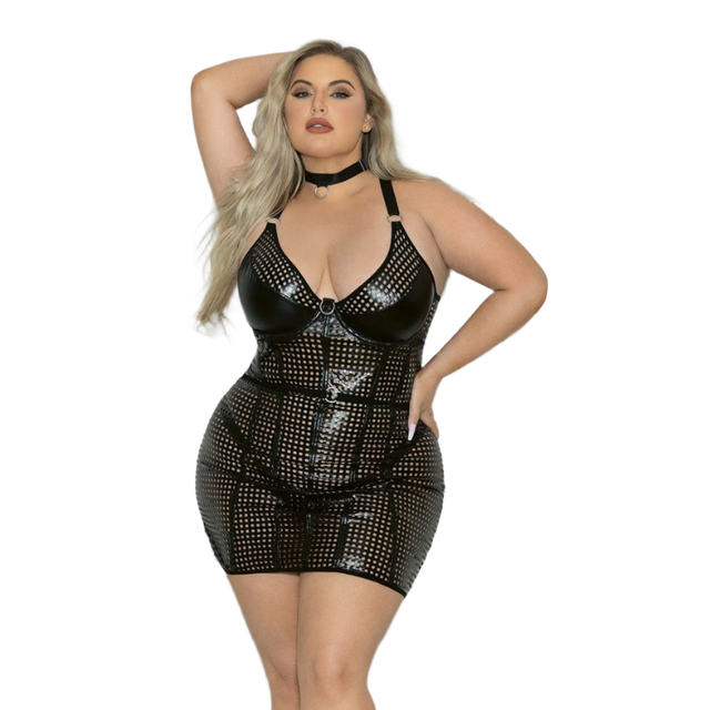 Flame Fetish Mistress Lasercut Lattice Chemise with Choker & Thong - 1X/2X