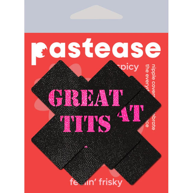 Pastease Black with Pink 'Great Tits' Cross Nipple Pasties