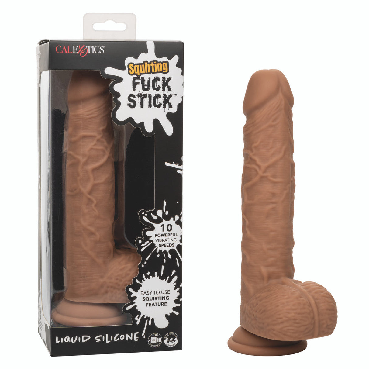 Squirting Fuck Stick 9" Vibrating Silicone Suction Cup Dildo - Brown