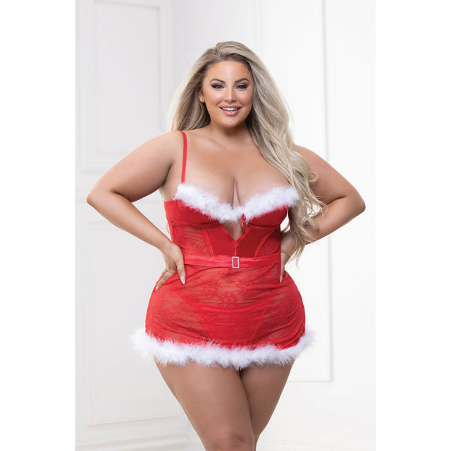 Two Piece Lace and Stretch Satin Chemise with Marabou Trim and G-String