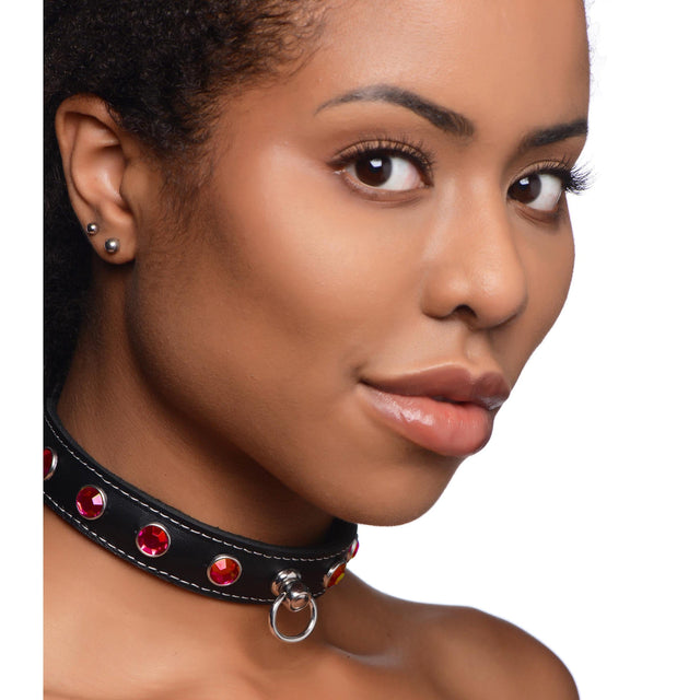 Fierce Vixen Leather Choker with Rhinestones - Red