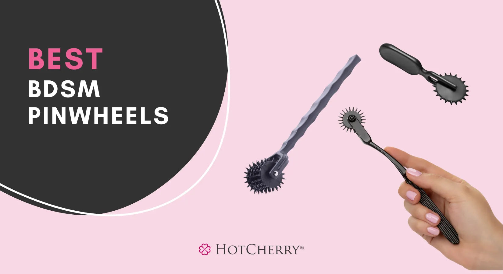 BDSM pinwheels on pink background with HotCherry logo, showcasing different designs for sensory stimulation and light BDSM play