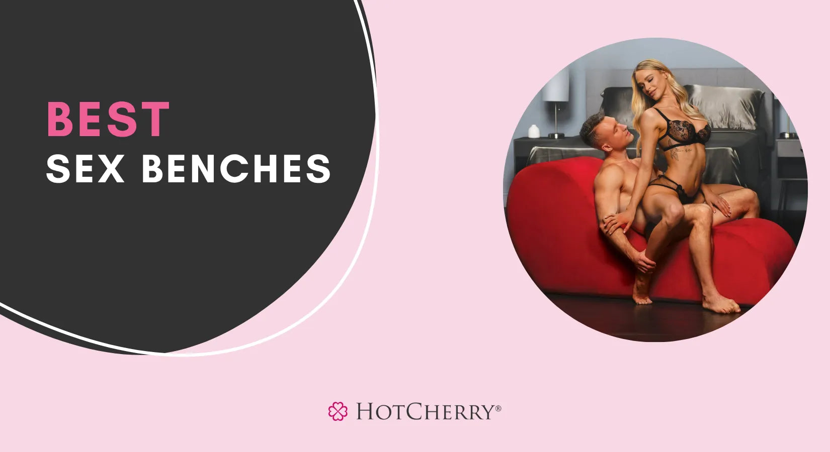 Couple posing on a red sex bench in a bedroom, representing versatile furniture for intimacy and comfort