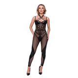 Flirty Fetish Fishnet & Faux Leather Catsuit with Satin Trim