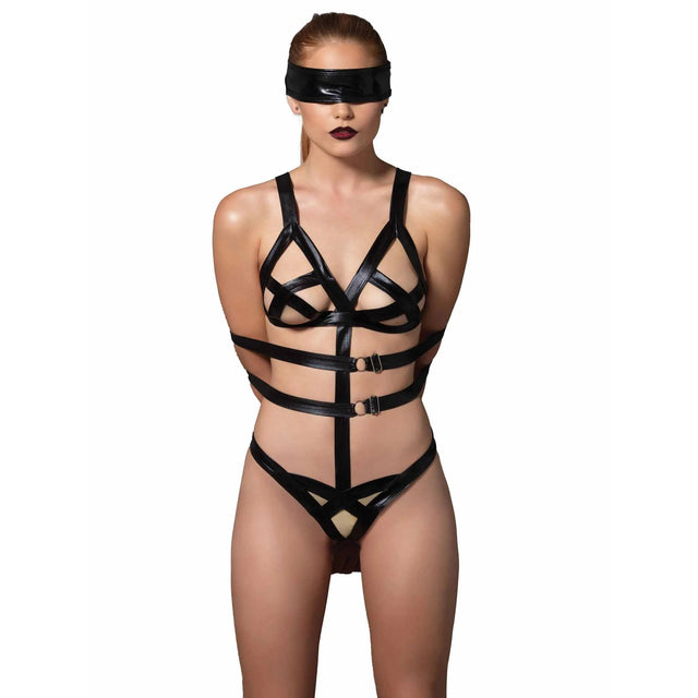 3-Piece Wet Look Bondage G-String Teddy with Restraints