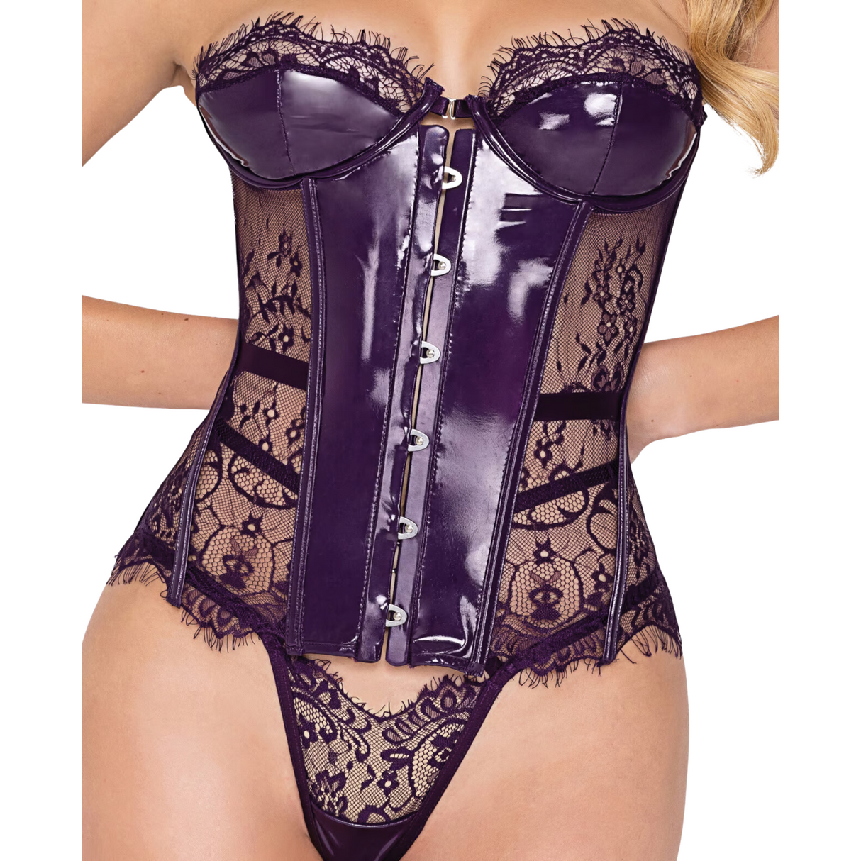 Sugar Plum Scalloped Eyelash Lace & Faux Leather Bustier & Thong