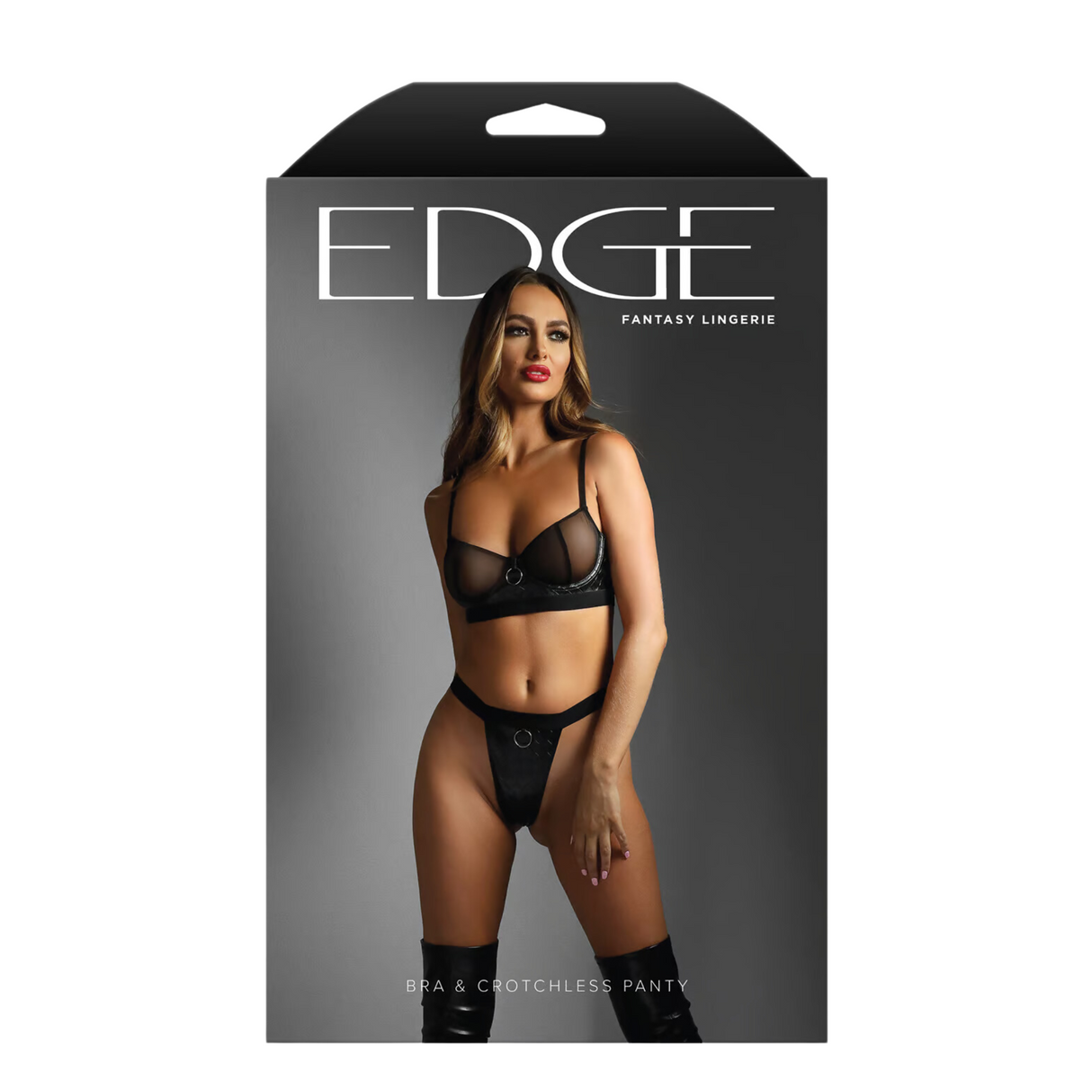 Edge Quilted Wetlook and Mesh Underwire Bra with Crotchless Panty