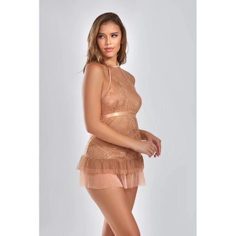 Amber Halter Lace Babydoll with Pleated Mesh Skirt Hem & G-String