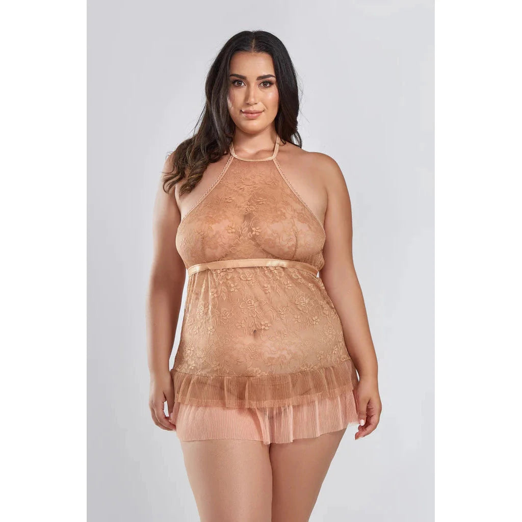 Amber Halter Lace Babydoll with Pleated Mesh Skirt Hem & G-String