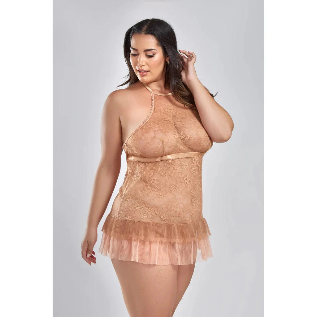 Amber Halter Lace Babydoll with Pleated Mesh Skirt Hem & G-String