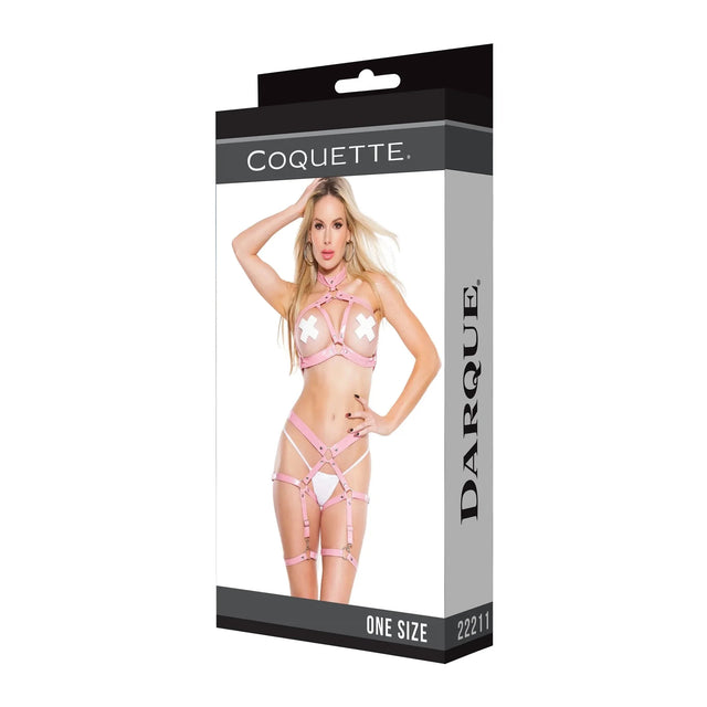 Darque PVC Harness Open Cup Halter Top & Garter Leg Bands Pink