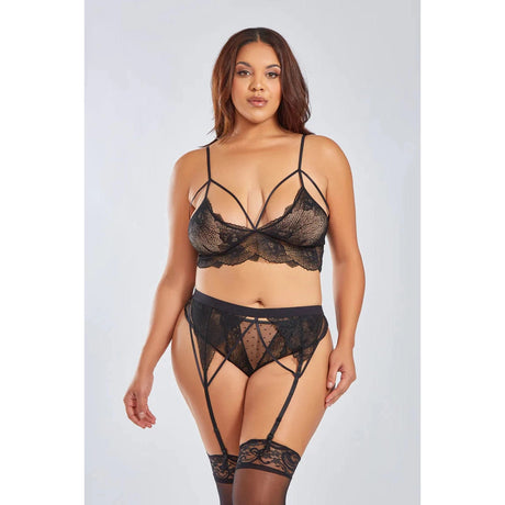 Everly Dot Mesh & Galloon Lace Strappy Bra, Garterbelt & Hipster Panty Black - Queen