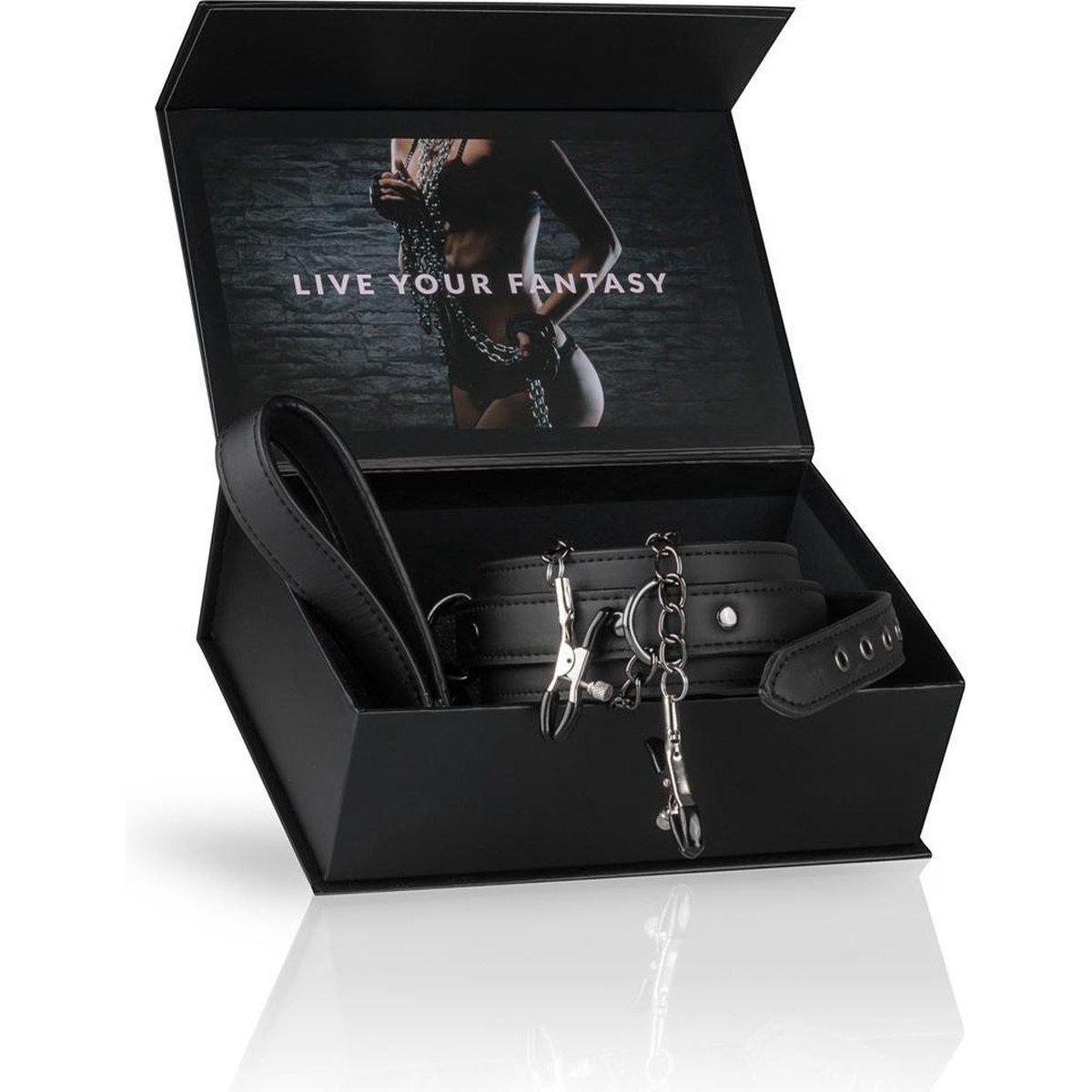 Faux Leather Lead & Nipple Clamps Collar Restraint Set