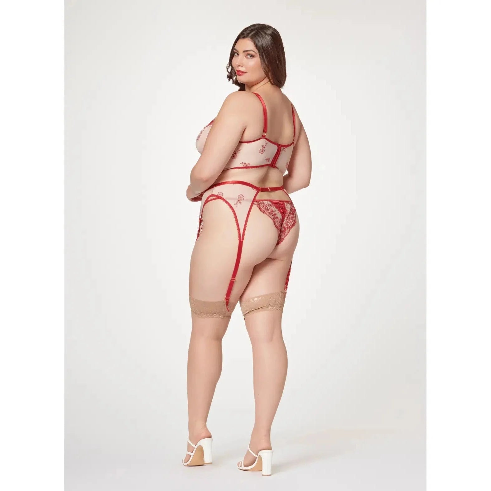 Floral Contrast Embroidery Bustier, Garter Belt & Thong Set - Queen