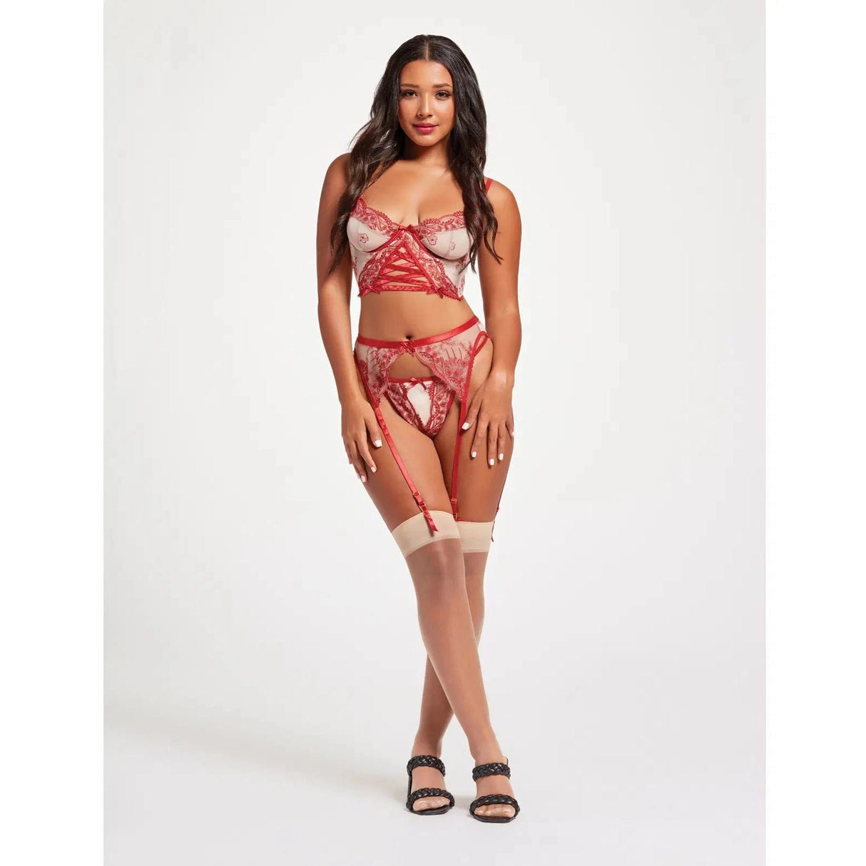 Floral Contrast Embroidery Bustier, Garter Belt & Thong Set