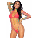 High Neck Fence Net Long Sleeve Bodysuit With Snap Crotch Thong Panty