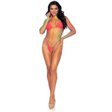 High Neck Fence Net Long Sleeve Bodysuit With Snap Crotch Thong Panty
