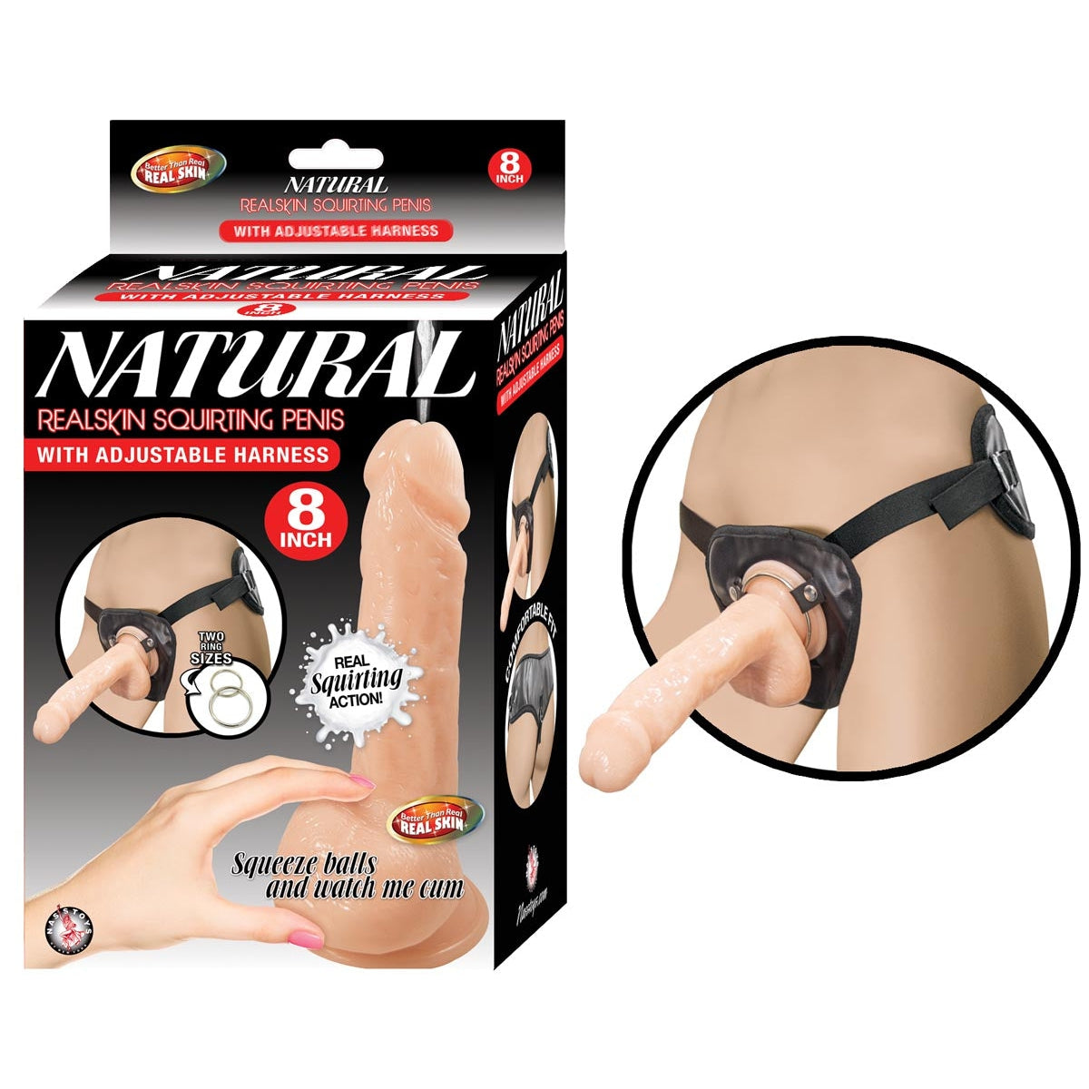 Natural Realskin 8 Inch Squirting Penis with Adjustable Harness