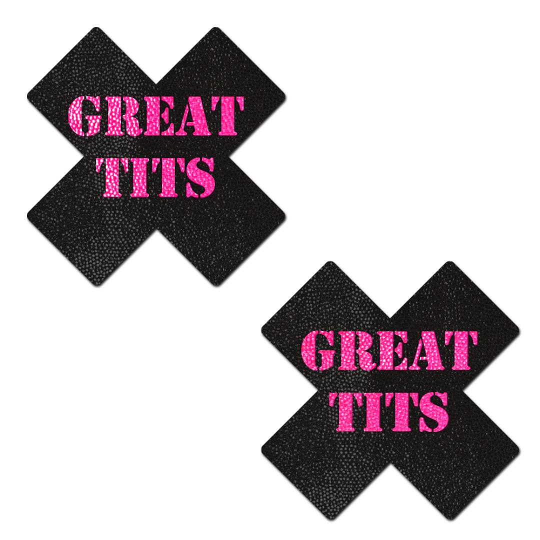 Pastease Black with Pink 'Great Tits' Cross Nipple Pasties