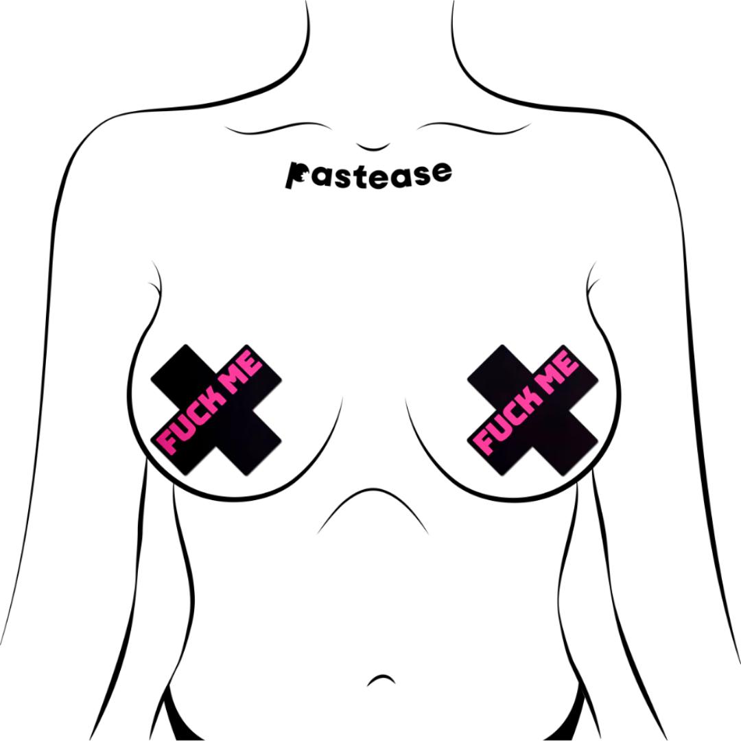 Pastease Liquid Black Cross with Pink 'Fuck Me' Nipple Pasties