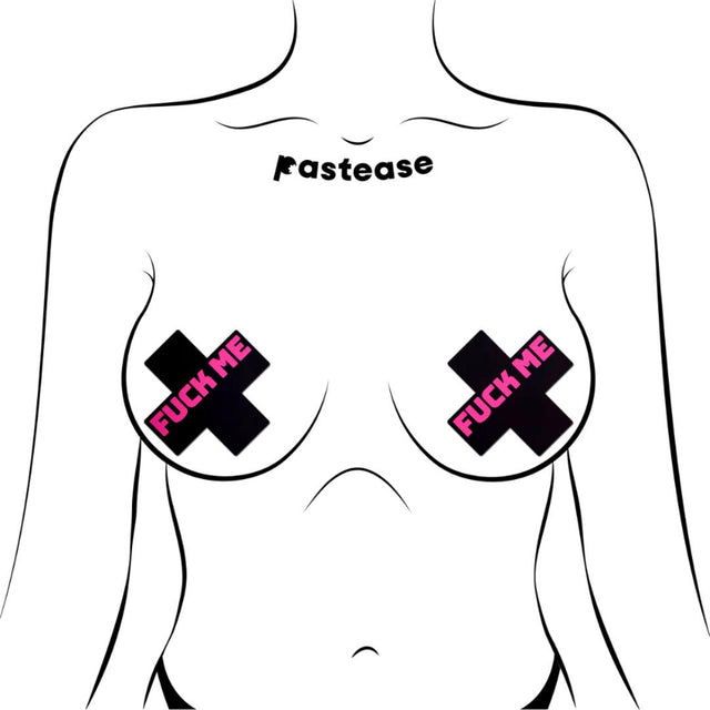 Pastease Liquid Black Cross with Pink 'Fuck Me' Nipple Pasties