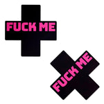 Pastease Liquid Black Cross with Pink 'Fuck Me' Nipple Pasties