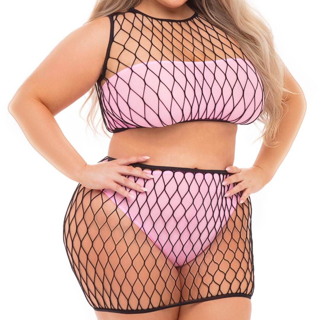 Pink Lipstick Crave You Large Fishnet Cami Top & Skirt, Bandeau Top & Panty - Queen