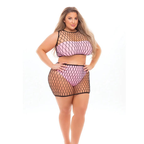 Pink Lipstick Crave You Large Fishnet Cami Top & Skirt, Bandeau Top & Panty - Queen