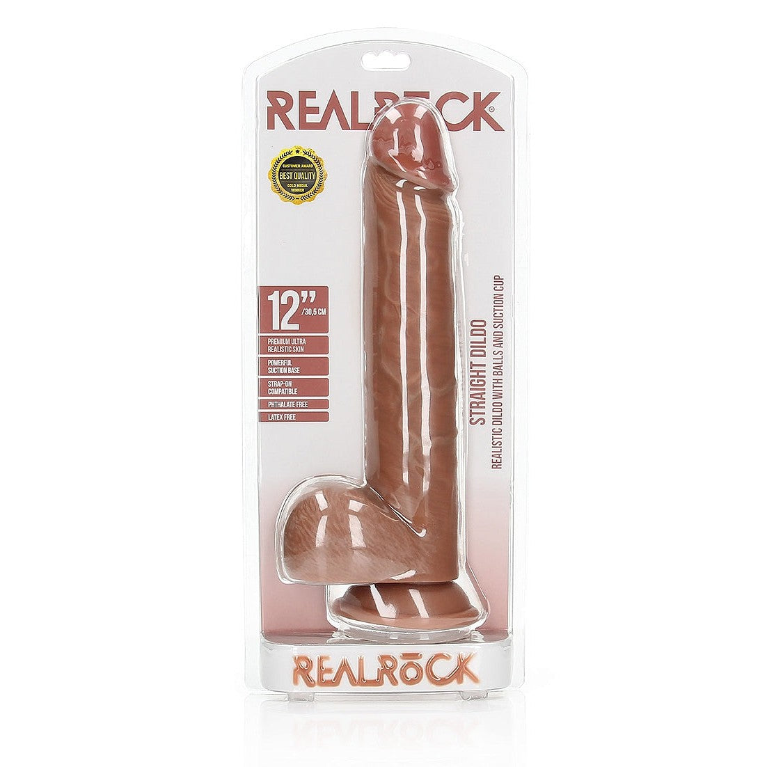 RealRock 12 Inch Straight Dildo With Balls and Suction Cup - Tan