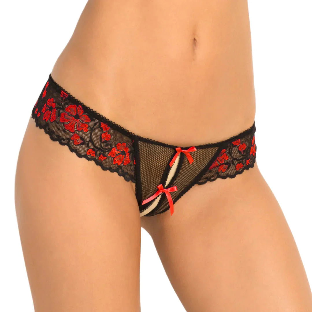 Rene Rofe Crotchless Lace Thong Panty with Bows