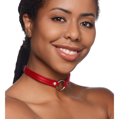 Sex Pet Leather Choker with Silver Ring - Red
