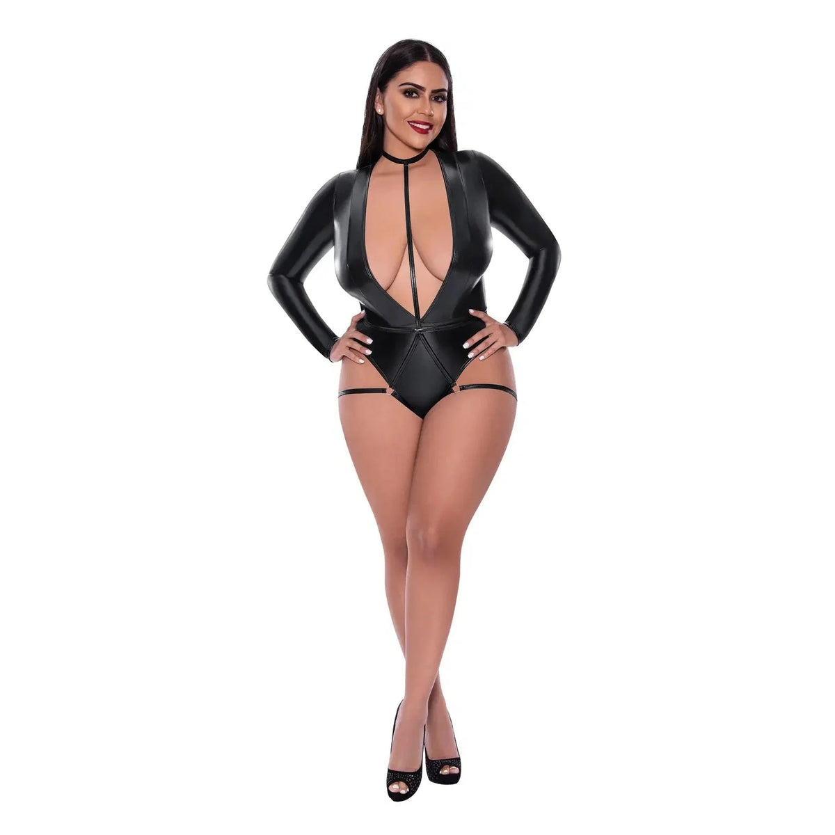 Liquid Onyx Long Sleeve Teddy with Harness Caging