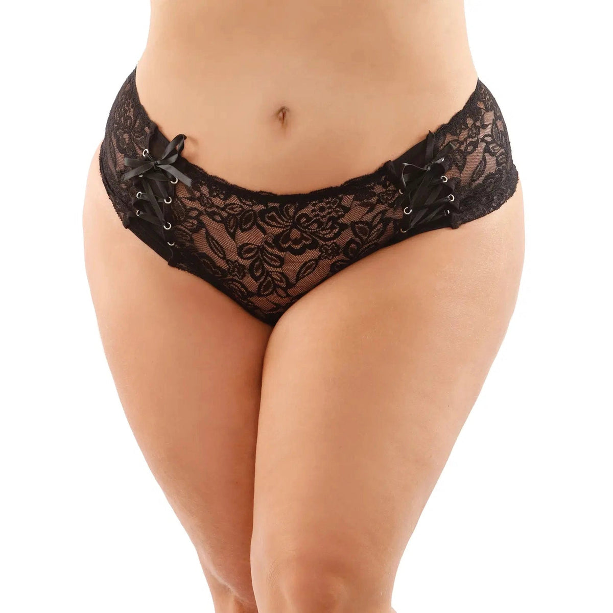 Bottoms Up Magnolia Stretch Lace Crotchless Panty With Ribbon Lace Up Front