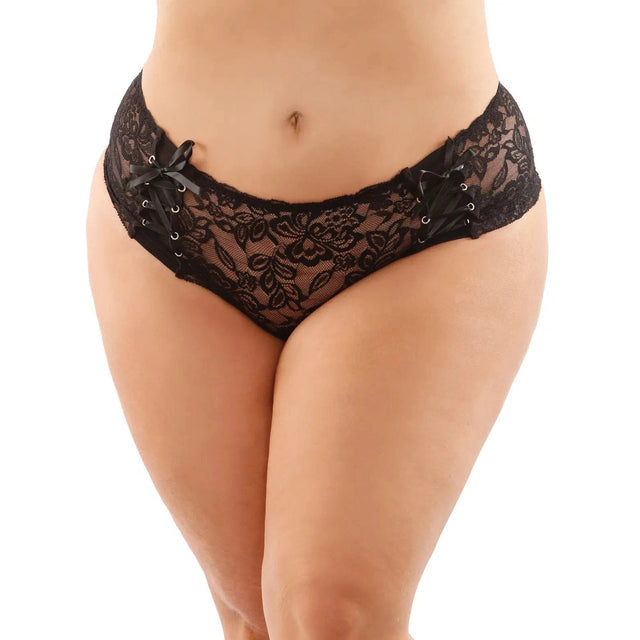Bottoms Up Magnolia Stretch Lace Crotchless Panty With Ribbon Lace Up Front