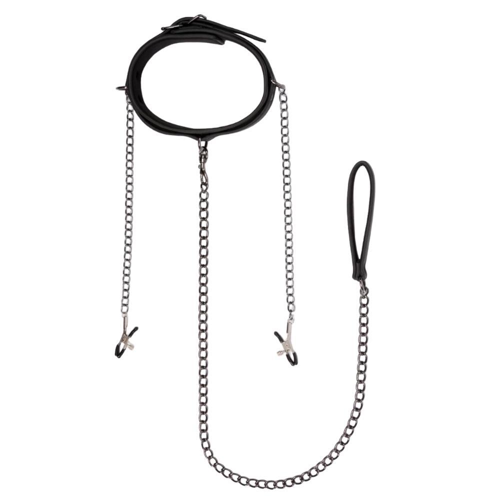 Faux Leather Lead & Nipple Clamps Collar Restraint Set