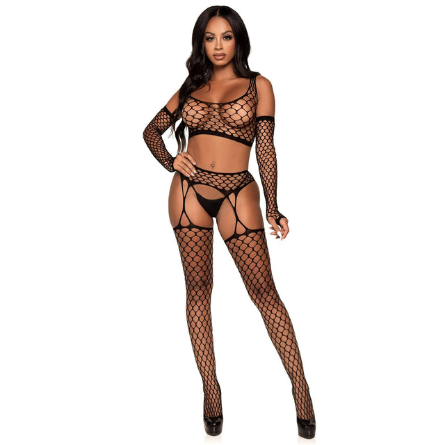 Leg Avenue 3-Piece Net Crop Top, Garter Stockings, and Matching Gloves