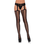 Leg Avenue Faux Lace Up Dual Net Backseam Stockings With Attached Garterbelt