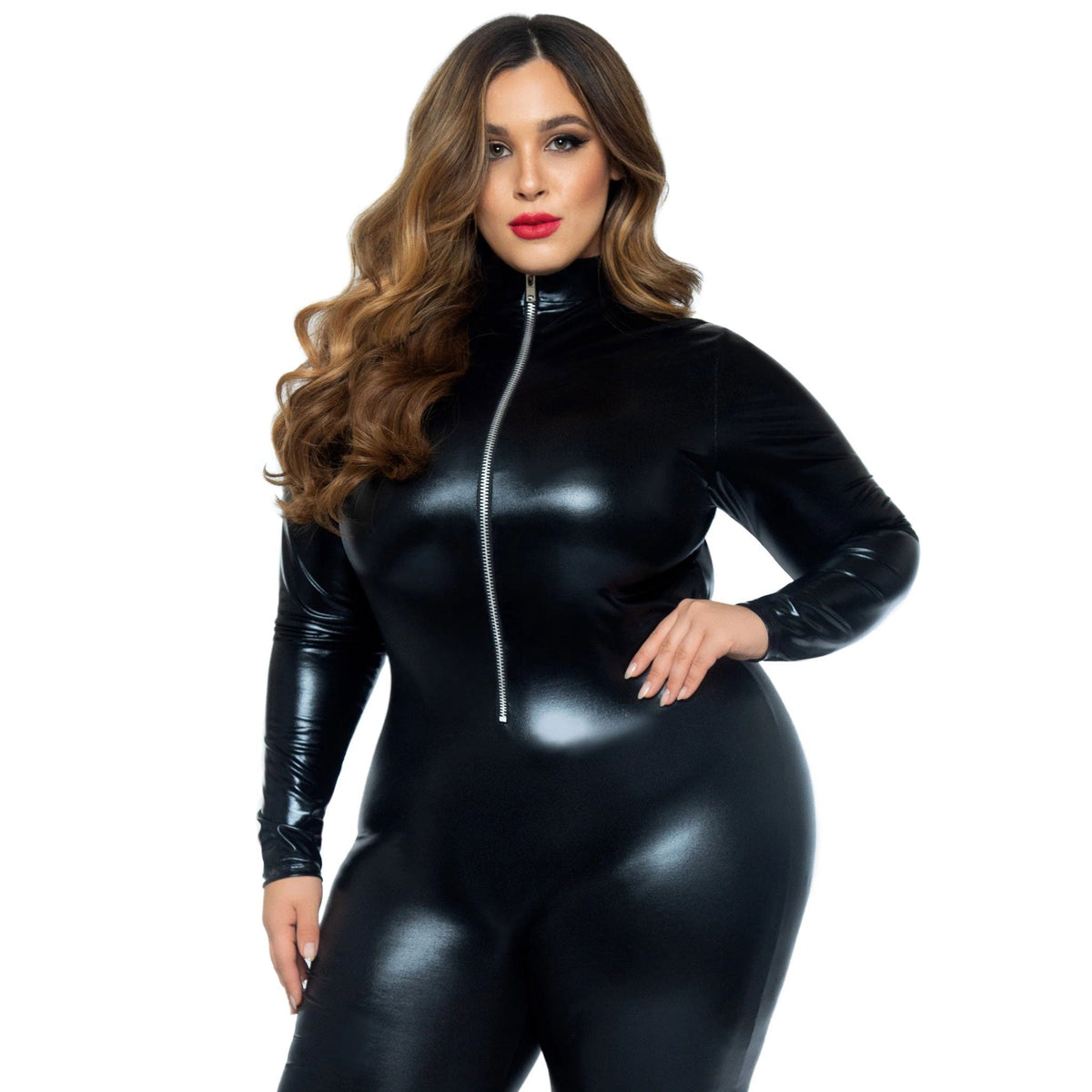Leg Avenue Faux Leather Zipper Front Catsuit - Plus